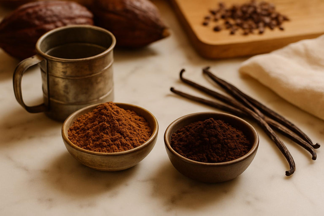 Natural cocoa powder and Dutch-process cocoa powder side by side showing color difference