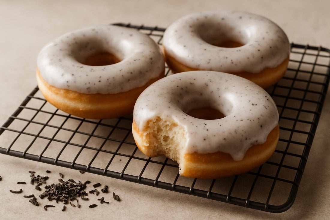 Doughnuts finished with Earl Grey glaze on a cooling rack