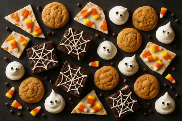 Easy Halloween treats including spider web brownies, candy corn bark, and ghost meringues arranged on dark background