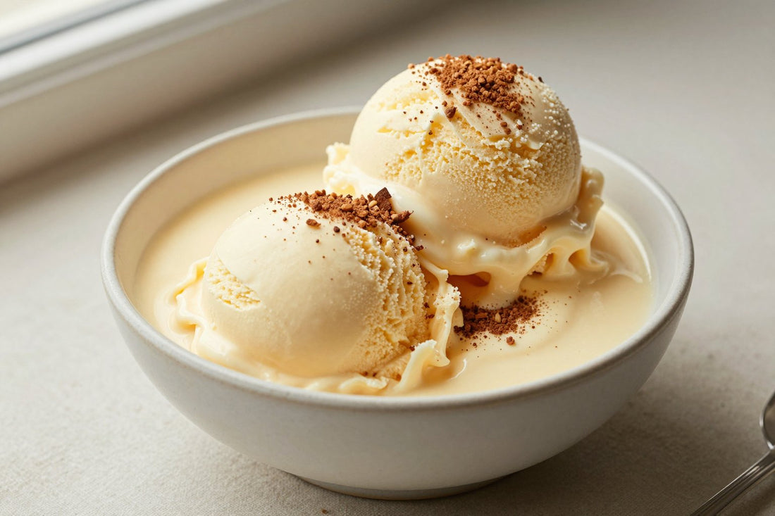 Two generous scoops of eggnog-style ice cream in a shallow ceramic bowl, softly melting at the edges