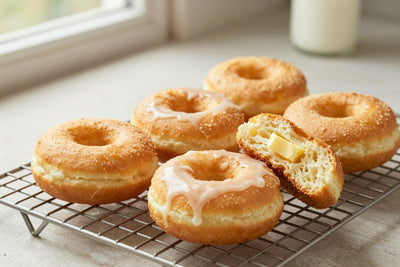 Fresh enriched yeast doughnuts on a wire cooling rack, one broken open to show the tender inside