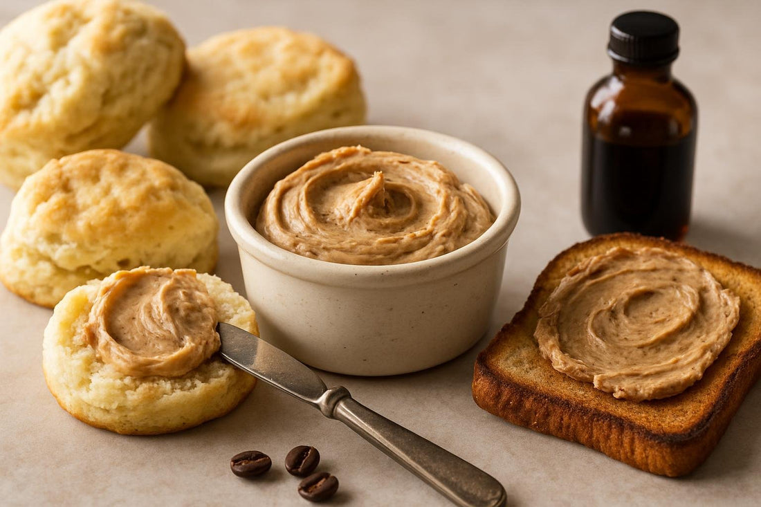 Espresso Butter in a crock with warm biscuits