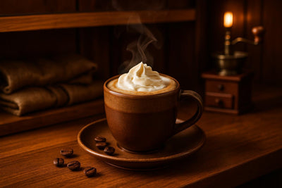 Espresso Con Panna in a ceramic mug on an oak bar