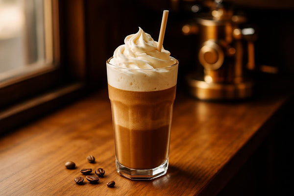 Espresso Frappé in a glass on an oak café counter