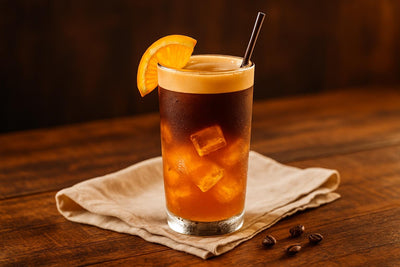 Espresso Orange Tonic in a glass on an oak table