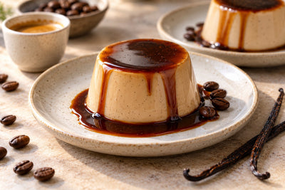 Espresso Vanilla Panna Cotta, unmolded on a plate with vanilla beans