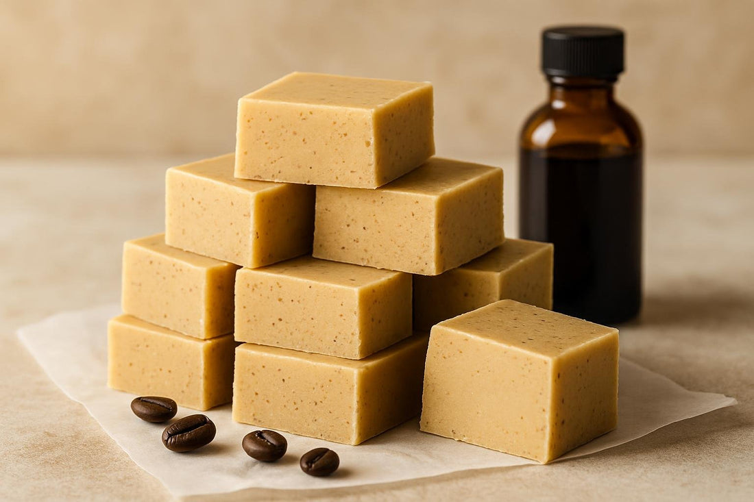 Squares of espresso white chocolate fudge on parchment