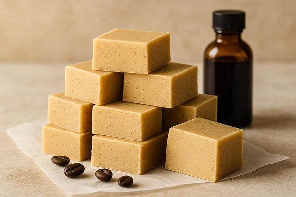 Squares of espresso white chocolate fudge on parchment