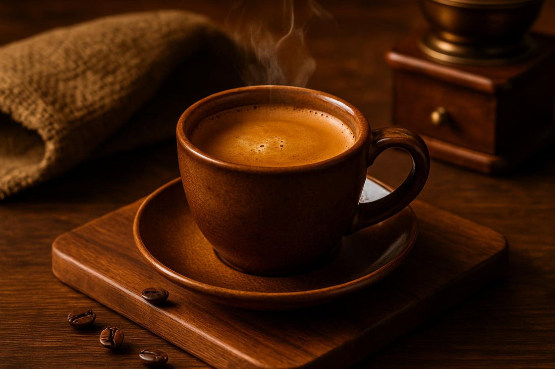 Espresso in a ceramic mug on an oak serving board