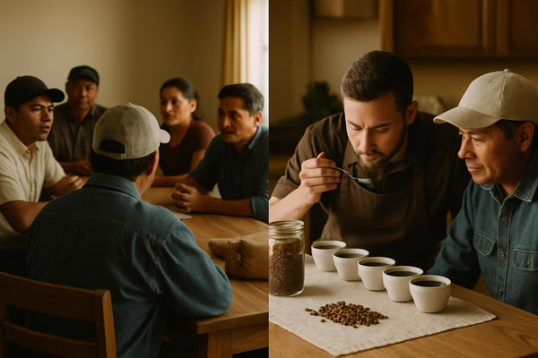 Coffee farmers in cooperative meeting and roaster cupping with farmer, illustrating Fair Trade and Direct Trade coffee