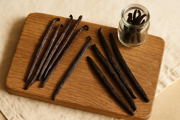 Whole Madagascar vanilla beans scattered on a wooden cutting board beside Uganda vanilla beans, with a small glass jar of