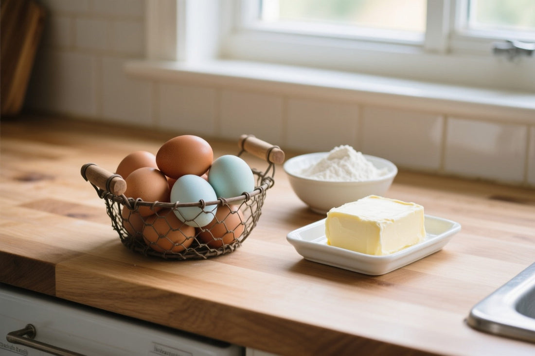 Brown and pale blue farm fresh eggs in a wire basket beside a dish of butter and a bowl of flour