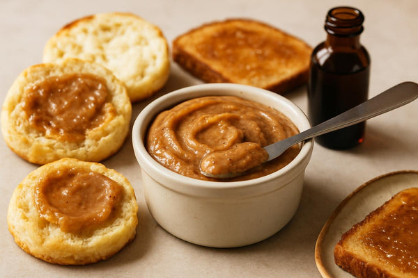 Fig Honey Butter in a crock with warm biscuits