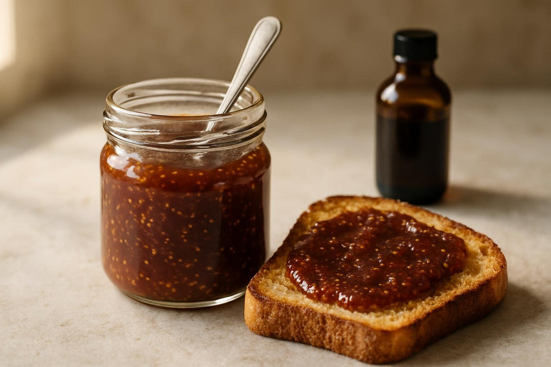 Jar of fig vanilla jam spread with toast