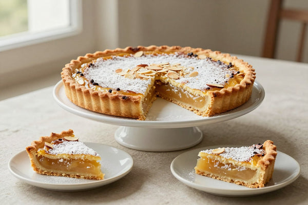 A frangipane tart on a cake stand with one slice cut out and served on a small plate