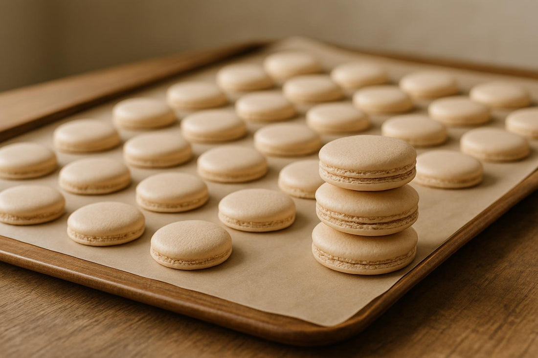 French macaron shells cooling on parchment on a wooden table, a few stacked