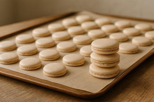 French macaron shells cooling on parchment on a wooden table, a few stacked