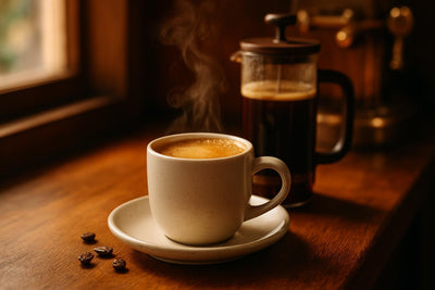 French Press Coffee in a ceramic mug on an oak café counter