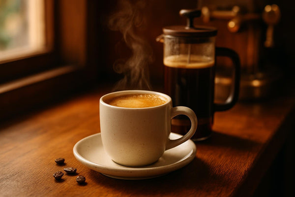 French Press Coffee in a ceramic mug on an oak café counter