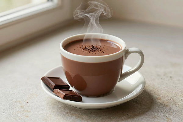 A steaming mug of french-style drinking chocolate on a saucer, rich and glossy, with its toppings