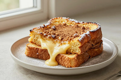 A stack of thick golden slices of french toast casserole on a plate, dusted with powdered sugar