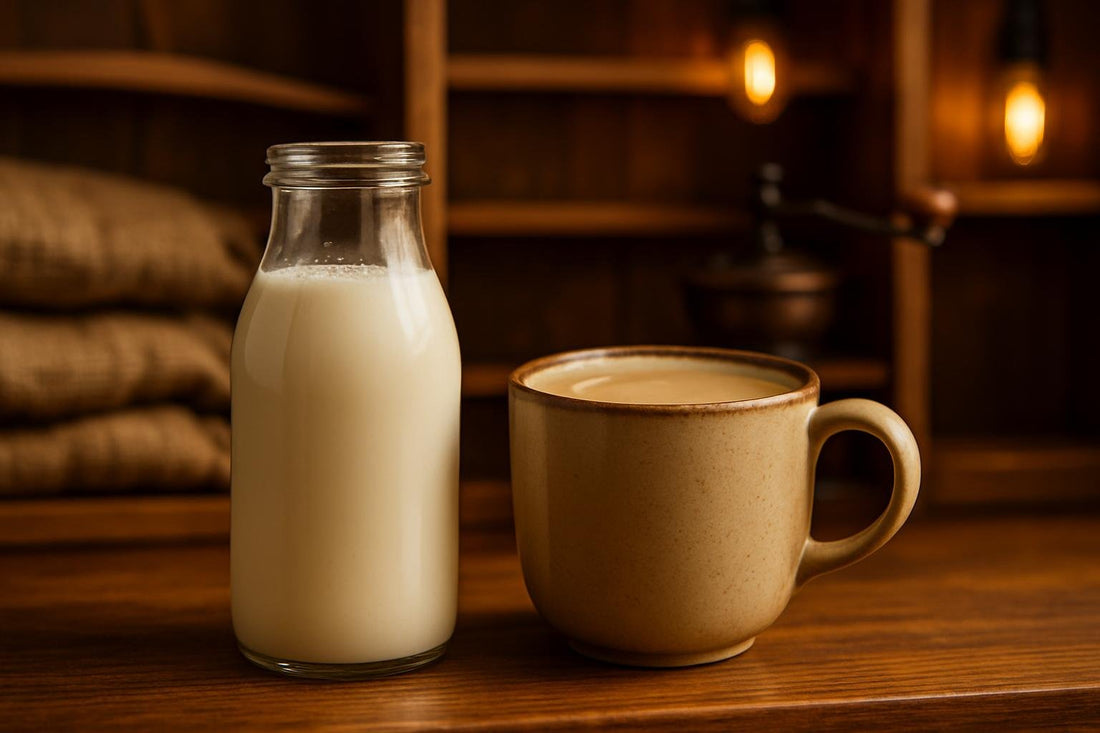 French Vanilla Creamer in a ceramic mug on an oak bar