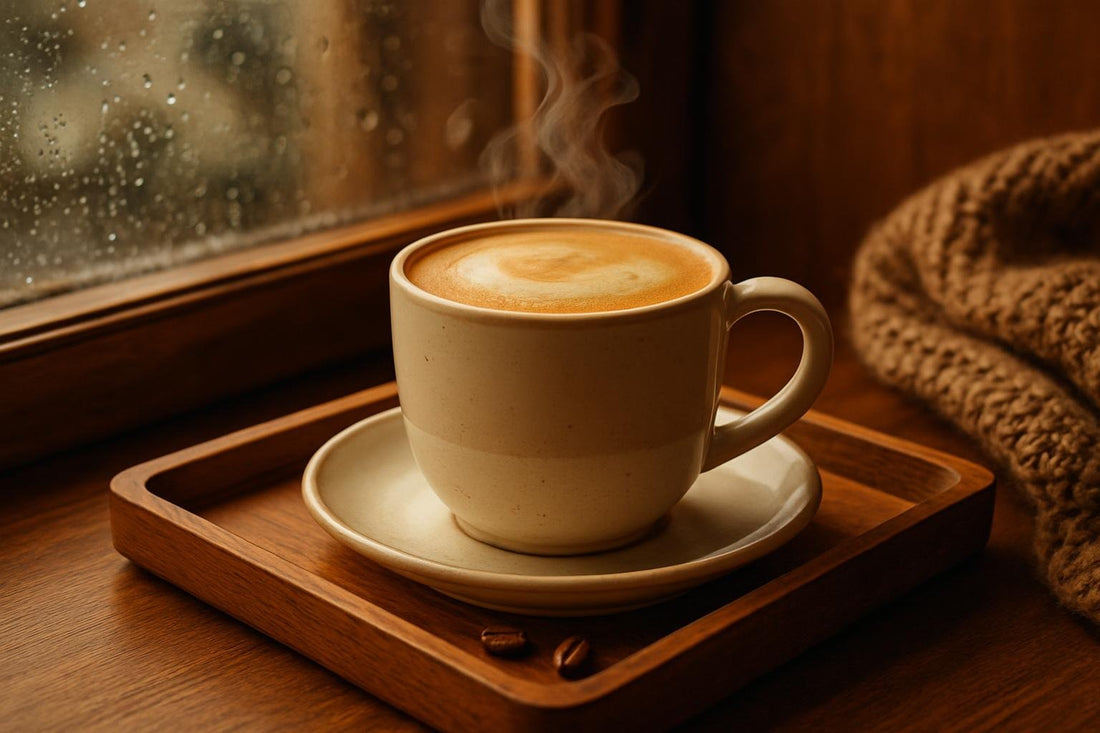 French Vanilla Latte in a ceramic mug on an oak tray by a window