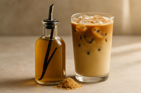 A small glass bottle of french vanilla syrup with a pour spout, beside an iced latte sweetened with it