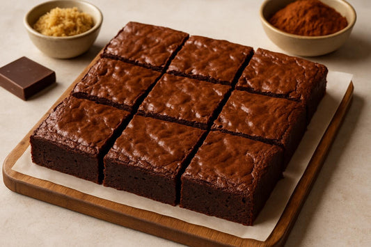 Fudgy brownie cut into squares on parchment on a wooden board