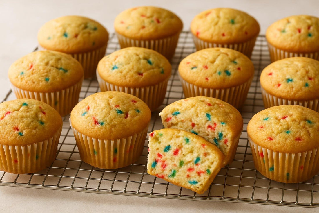 A dozen unfrosted funfetti cupcakes in paper liners on a cooling rack, golden domes, one split to show the crumb