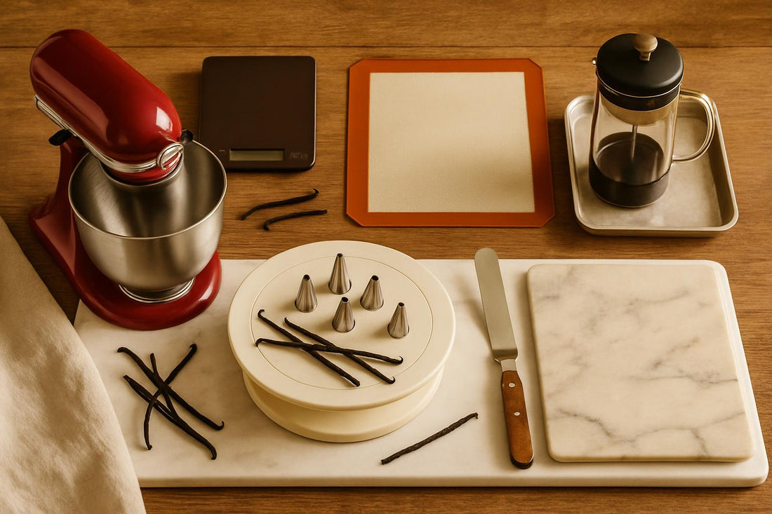 Eight essential baking tools arranged as gift ideas for home bakers, including stand mixer, scale, and decorating tools