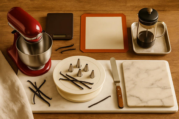 Eight essential baking tools arranged as gift ideas for home bakers, including stand mixer, scale, and decorating tools
