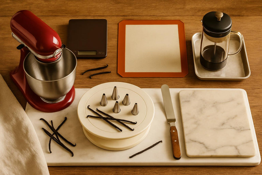 Eight essential baking tools arranged as gift ideas for home bakers, including stand mixer, scale, and decorating tools
