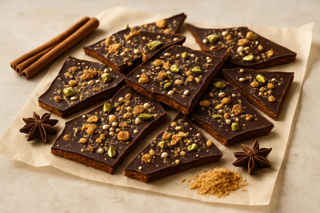 Shards of gingerbread bark on parchment