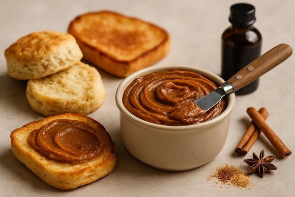 Gingerbread Butter in a crock with warm biscuits