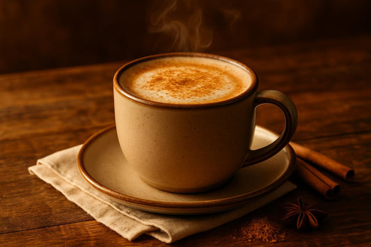 Gingerbread Chai in a ceramic mug on an oak table