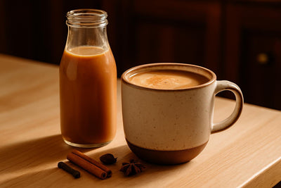 Gingerbread Creamer in a ceramic mug on an oak kitchen island