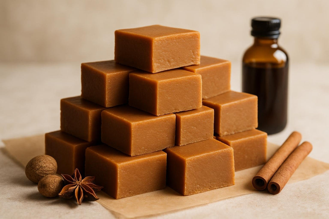 Squares of gingerbread fudge on parchment
