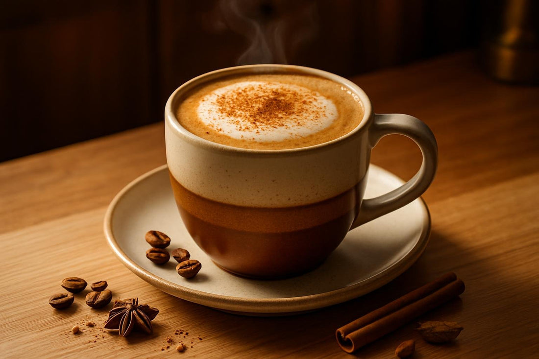 Gingerbread Latte in a ceramic mug on an oak kitchen island