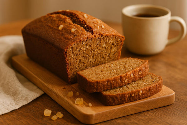 Gingerbread Loaf loaf with sliced pieces on an oak board