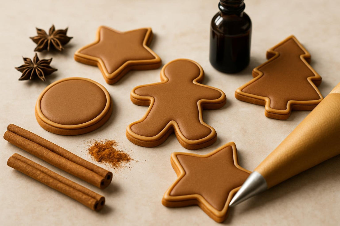 Sugar cookies decorated with gingerbread royal icing