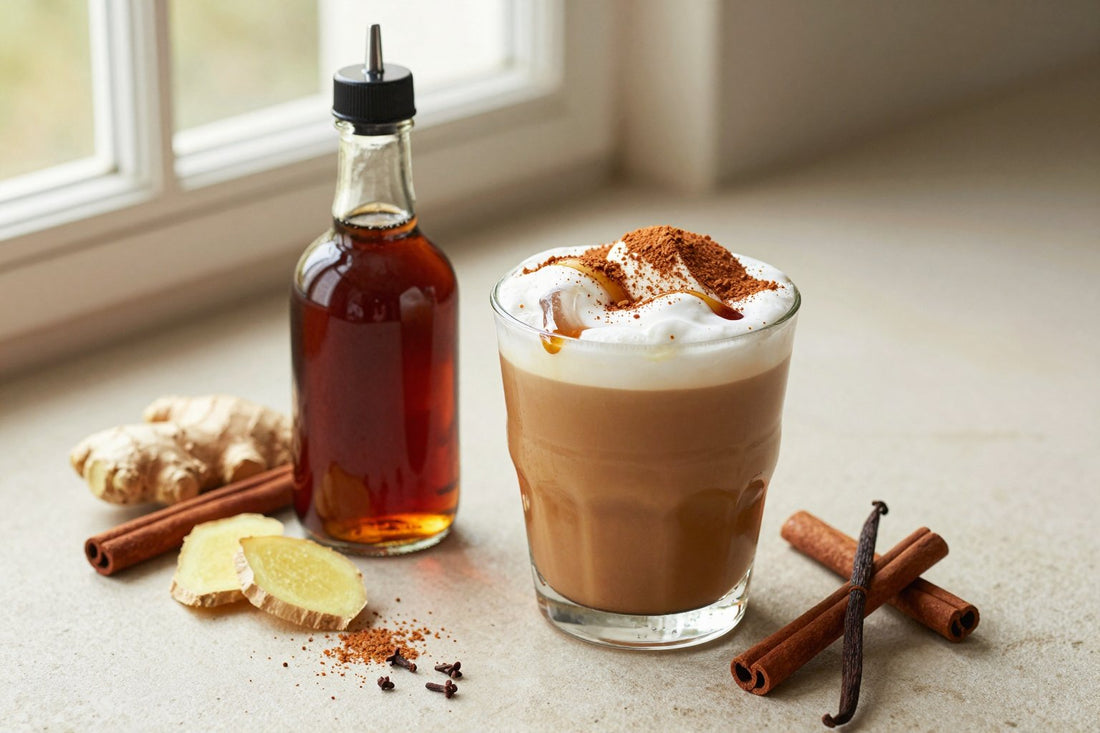 A small glass bottle of gingerbread syrup with a pour spout, beside an iced latte sweetened with it