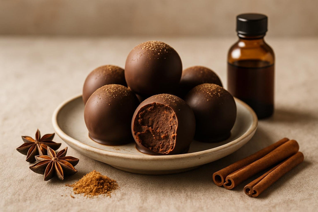 Gingerbread Truffles on a plate, one bitten