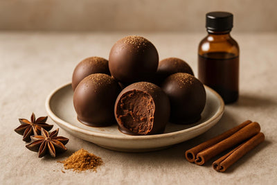 Gingerbread Truffles on a plate, one bitten