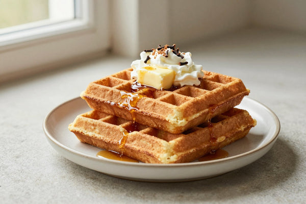 A stack of golden gingerbread waffles on a plate with a pat of butter and the toppings from the recipe