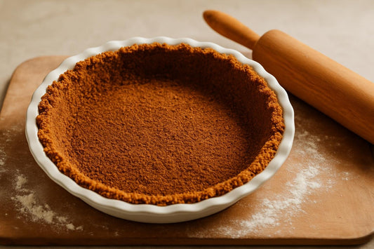 An unfilled, crimped gingersnap crumb crust in a ceramic pie plate on a floured wooden board with a rolling pin beside it