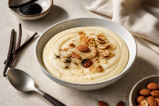 Gluten-free almond vanilla pudding made with Ugandan vanilla