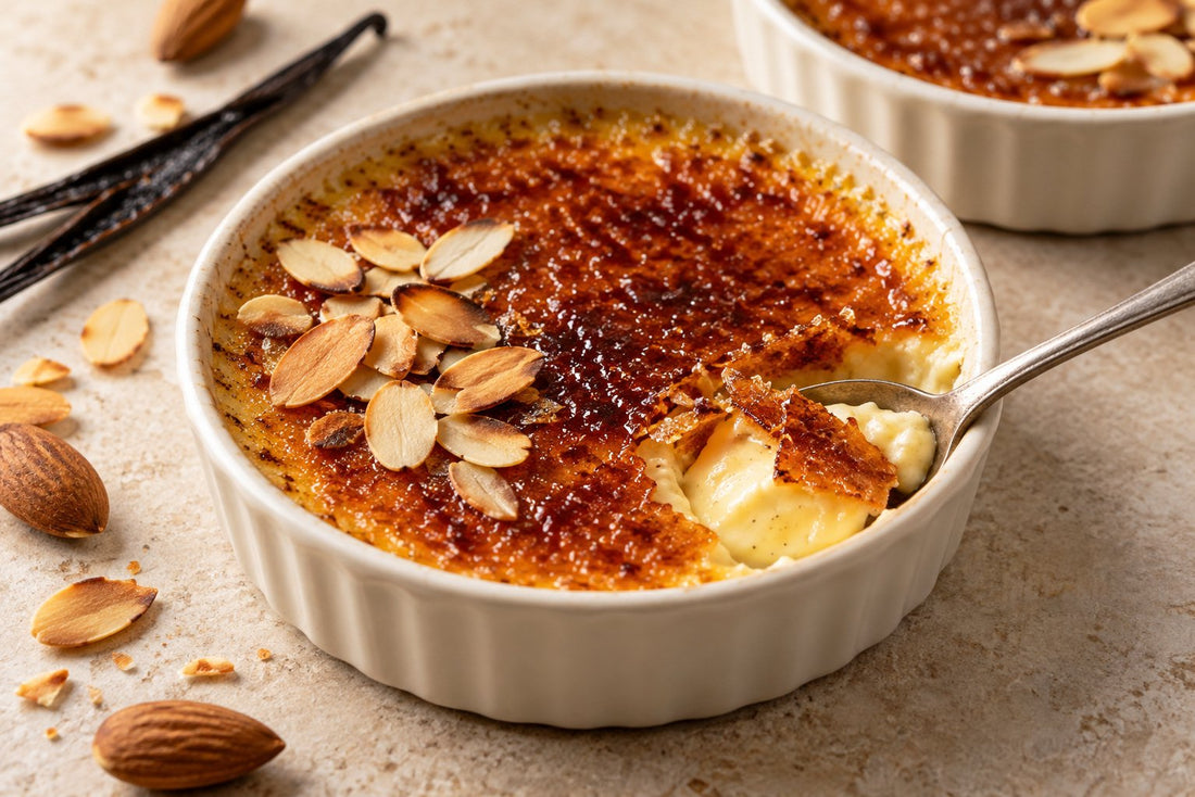 Gluten-Free Almond Vanilla Crème Brûlée in a ramekin with a caramelized sugar crust