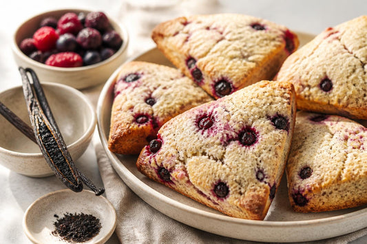 Gluten-free berry vanilla scones made with Indonesian vanilla