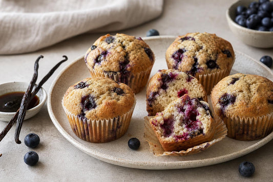 Gluten-free berry vanilla muffins made with Ugandan vanilla